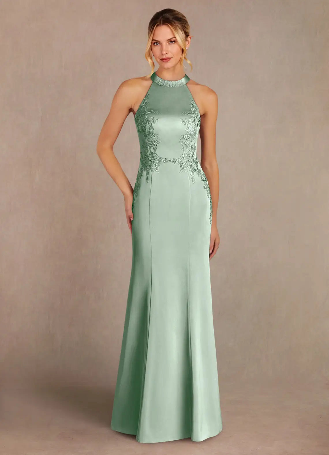 Elegant halter-neck lace-appliqué satin mermaid floor-length mother of the bride dress