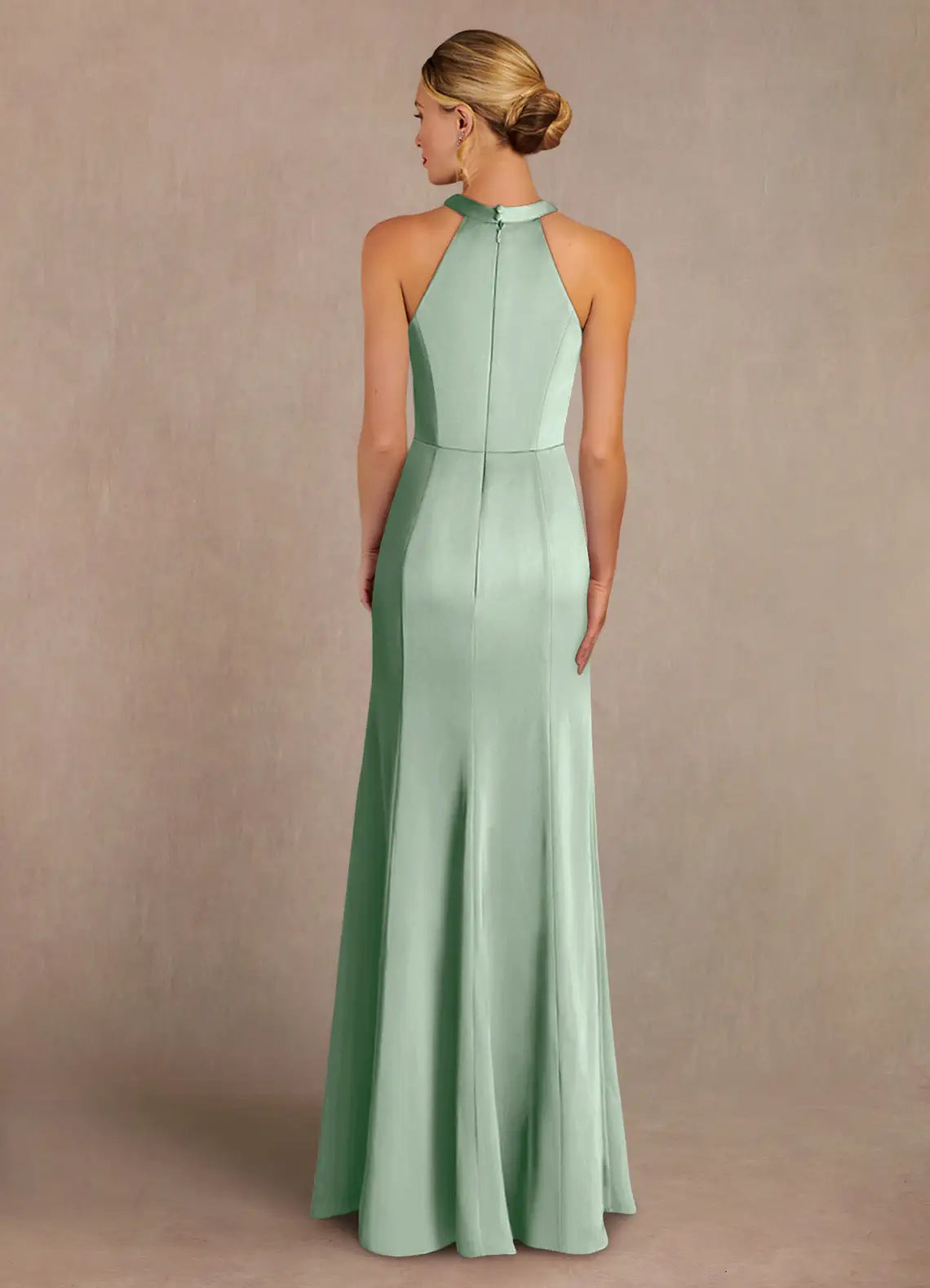 Elegant halter-neck lace-appliqué satin mermaid floor-length mother of the bride dress