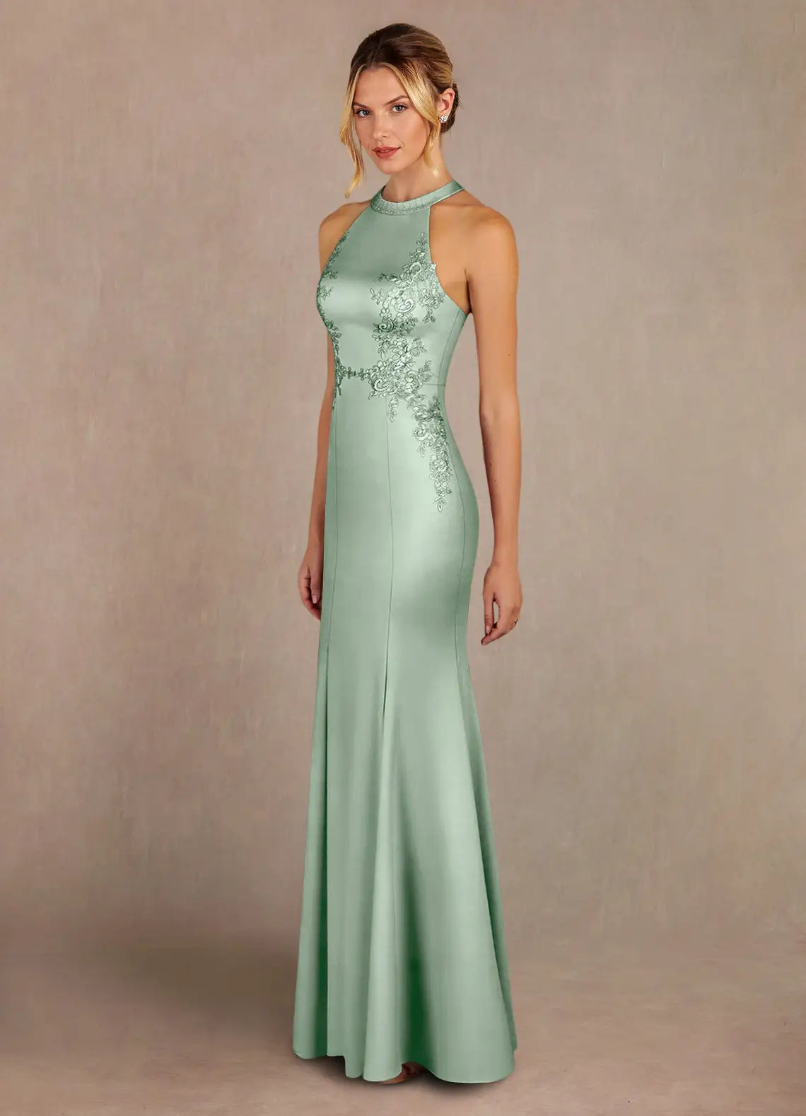 Elegant halter-neck lace-appliqué satin mermaid floor-length mother of the bride dress