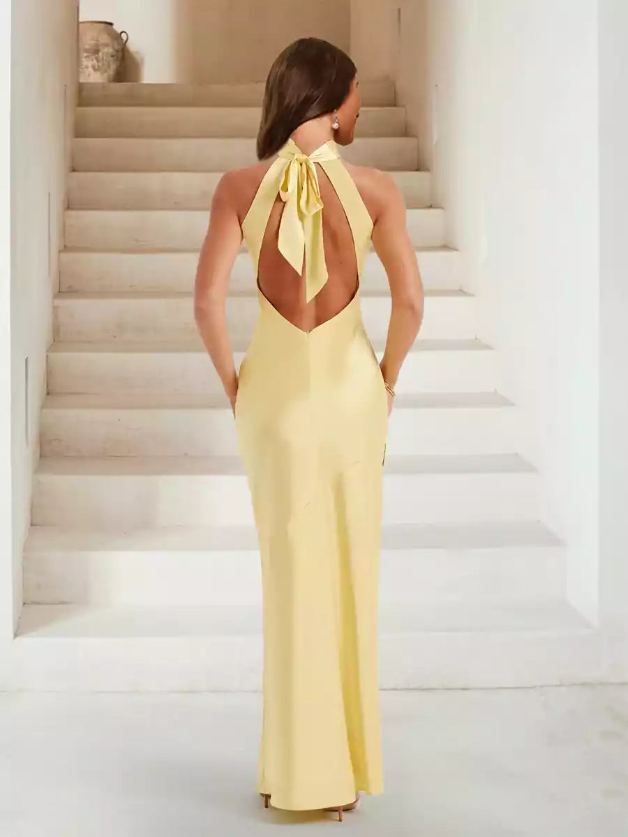 Elegant high neck slim fit/straight tube long slit side Bridesmaid Dresses