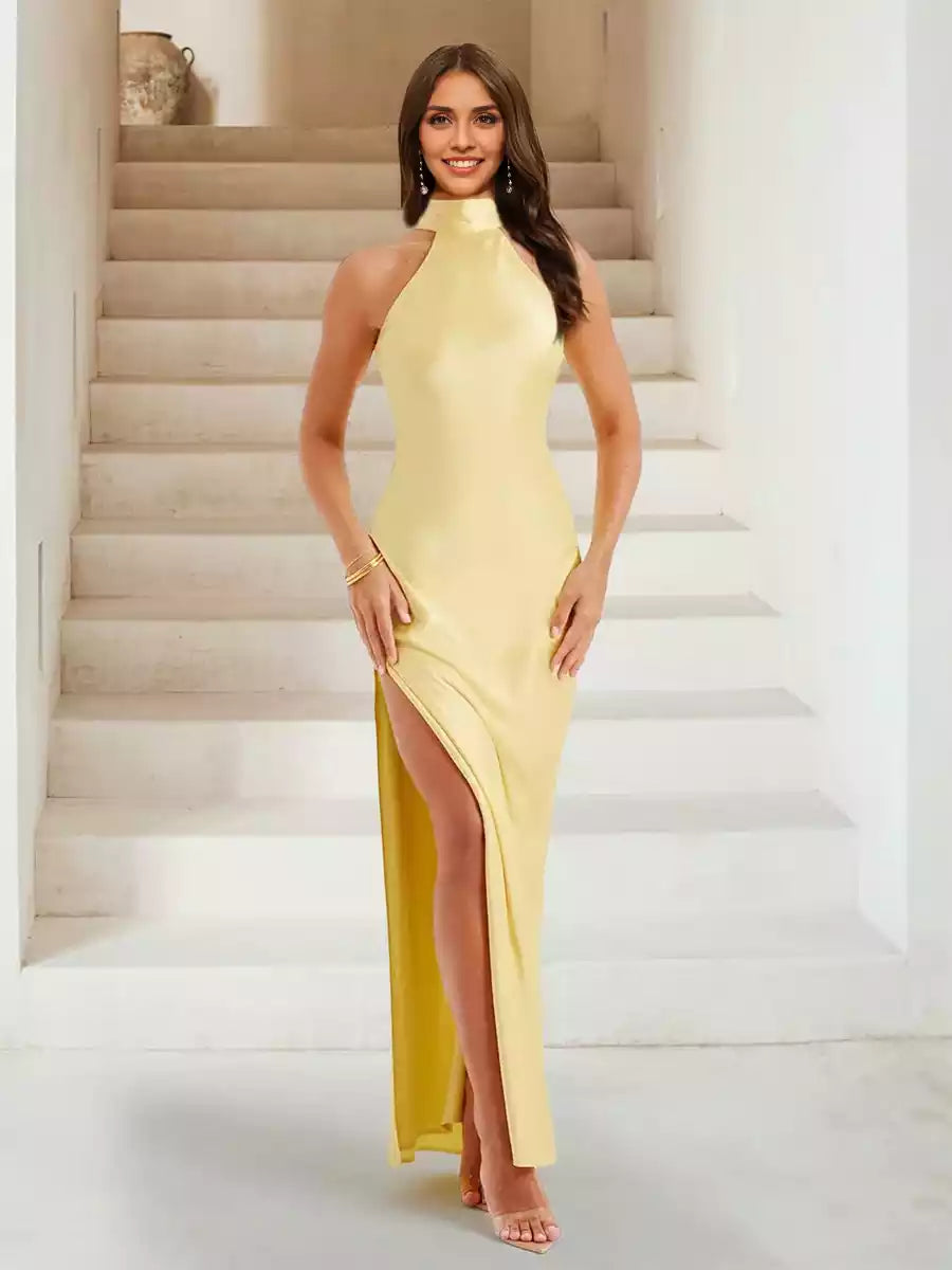 Elegant high neck slim fit/straight tube long slit side Bridesmaid Dresses