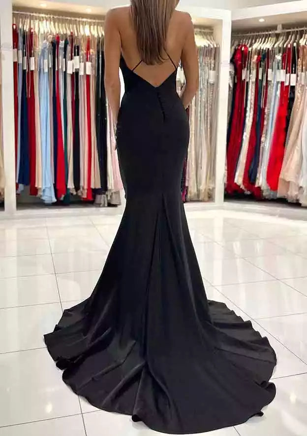 Elegant hornmermaid V-neck trailing sleeveless elastic satin Prom Dresses
