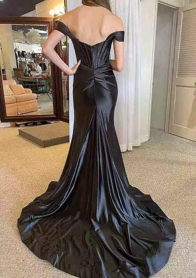 Elegant horn/mermaid style off shoulder regular shoulder strap with trailing satin pleats and slits Prom Dresses