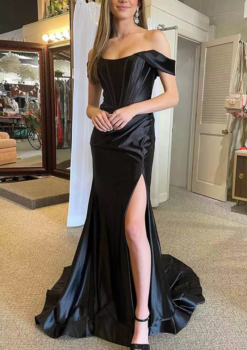 Elegant horn/mermaid style off shoulder regular shoulder strap with trailing satin pleats and slits Prom Dresses