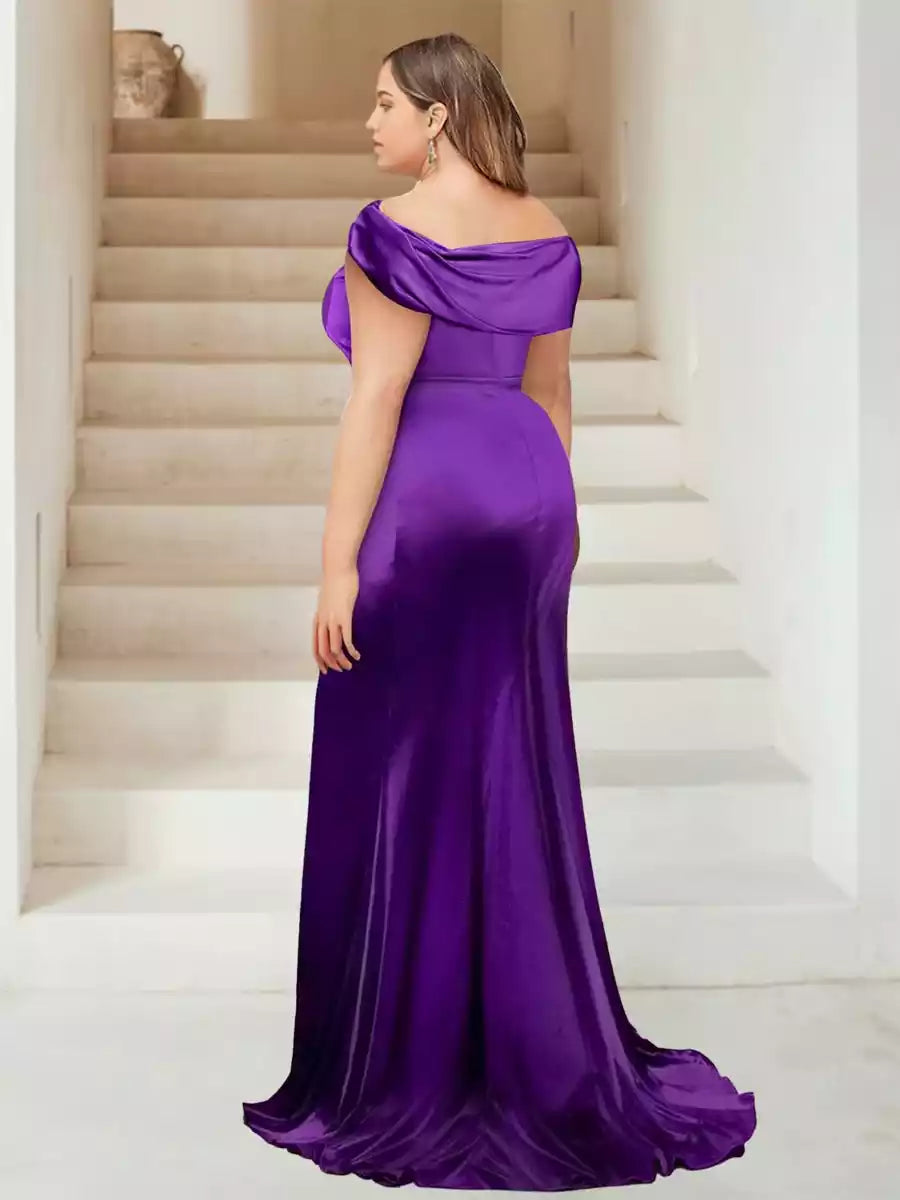Elegant horn/mermaid style off shoulder trailing plus size side slit with ruffled edges Bridesmaid Dresses
