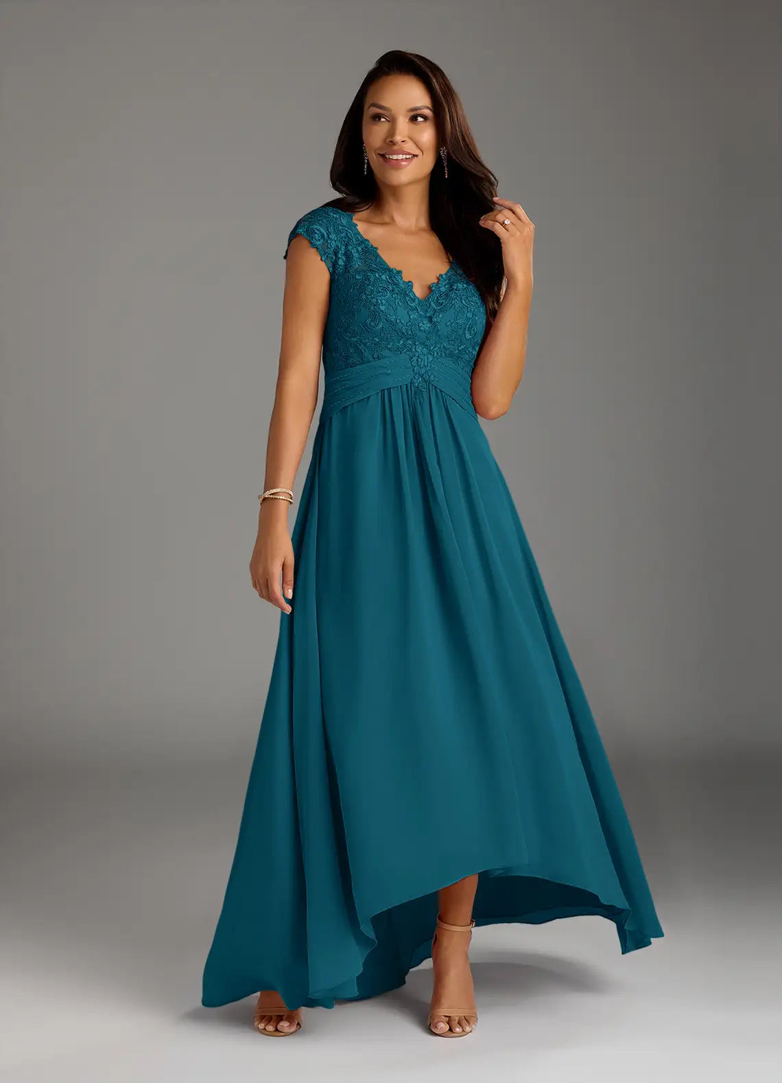 Elegant lace-and-chiffon V-neck cap-sleeve empire-waist A-line high-low mother of the bride dress
