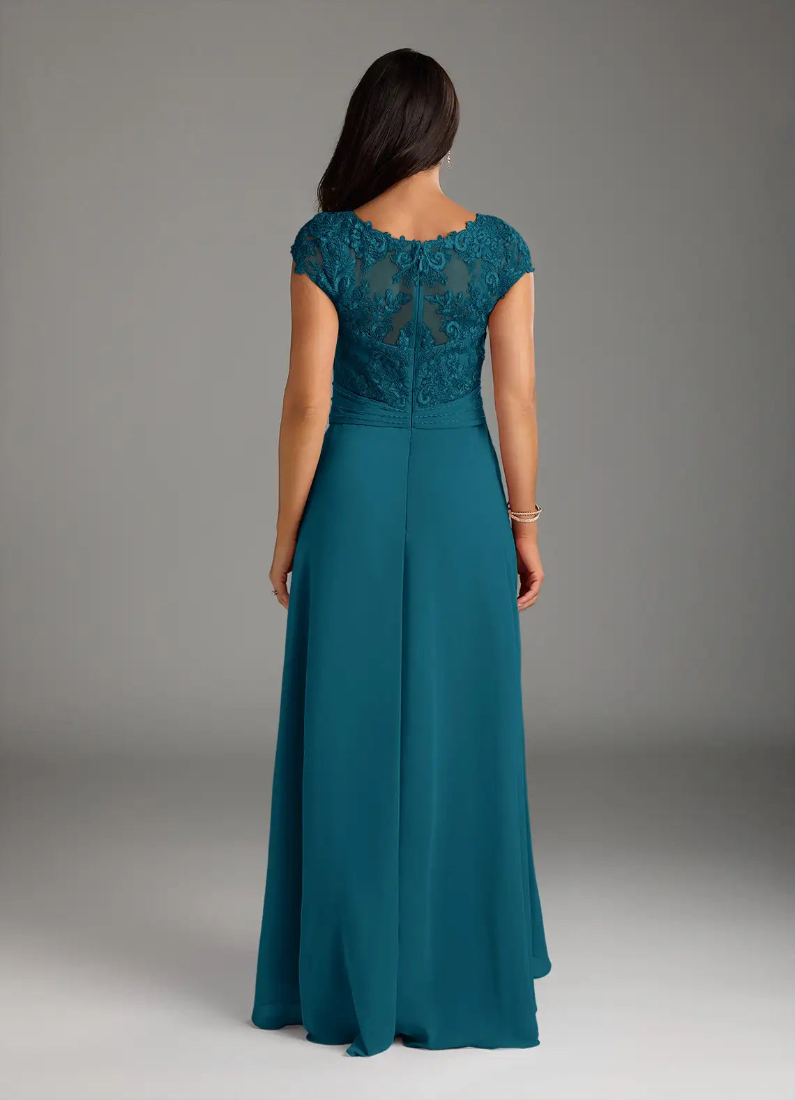 Elegant lace-and-chiffon V-neck cap-sleeve empire-waist A-line high-low mother of the bride dress