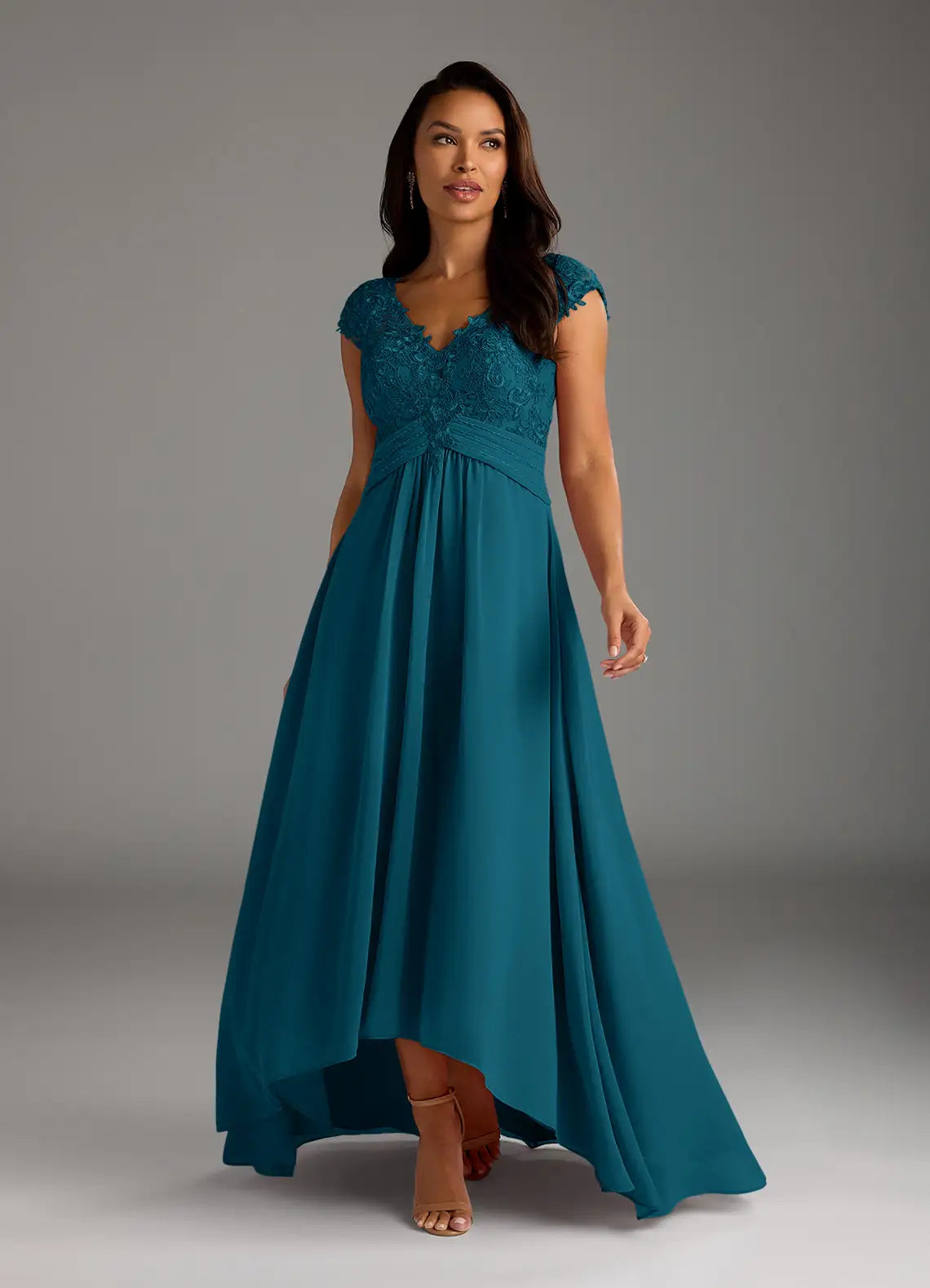 Elegant lace-and-chiffon V-neck cap-sleeve empire-waist A-line high-low mother of the bride dress