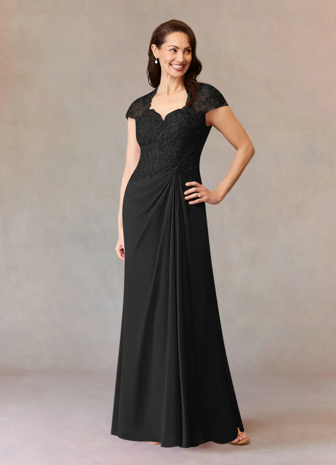 Elegant lace-and-chiffon V-neck cap-sleeve draped mermaid floor-length mother of the bride dress