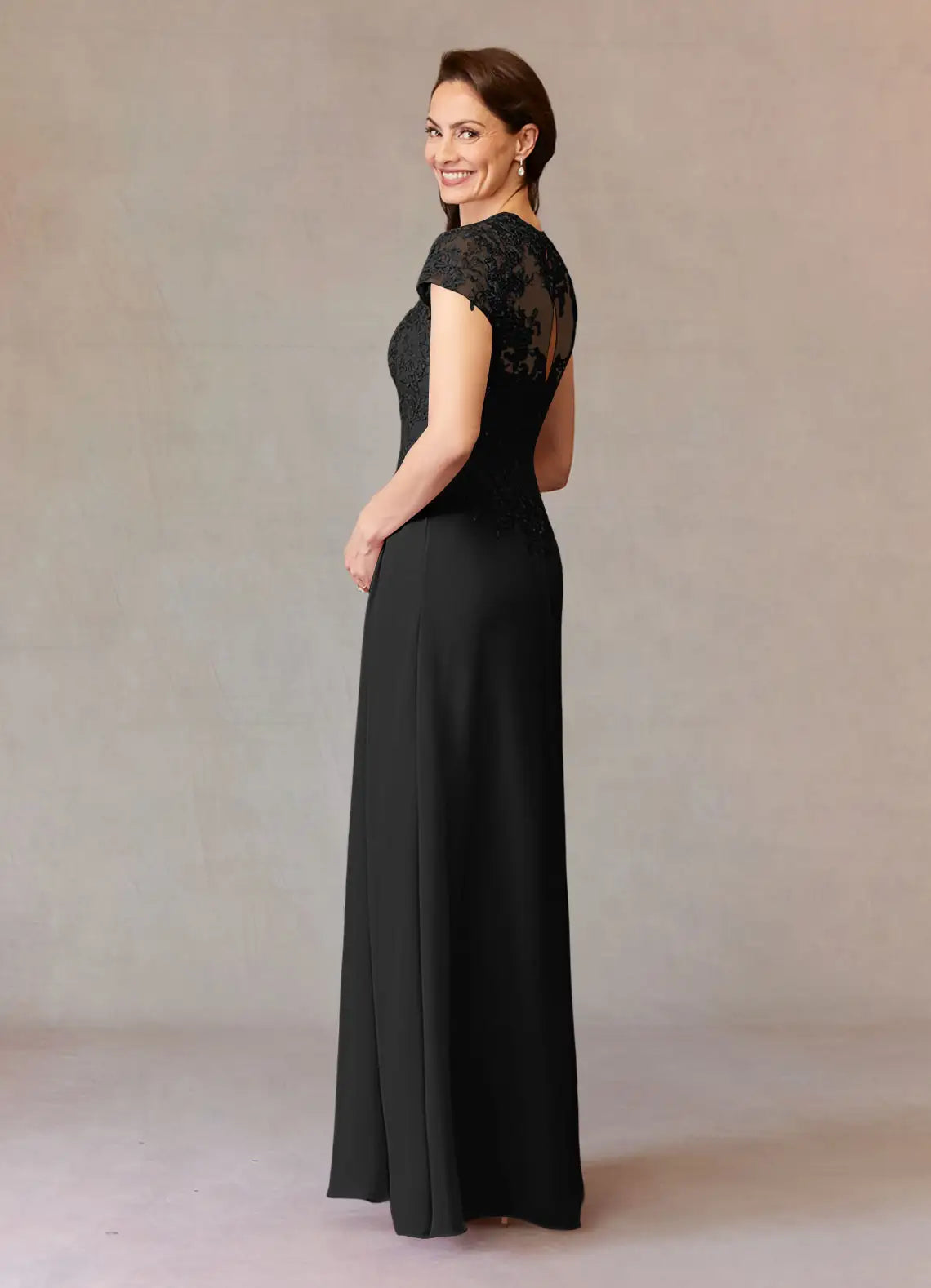 Elegant lace-and-chiffon V-neck cap-sleeve draped mermaid floor-length mother of the bride dress
