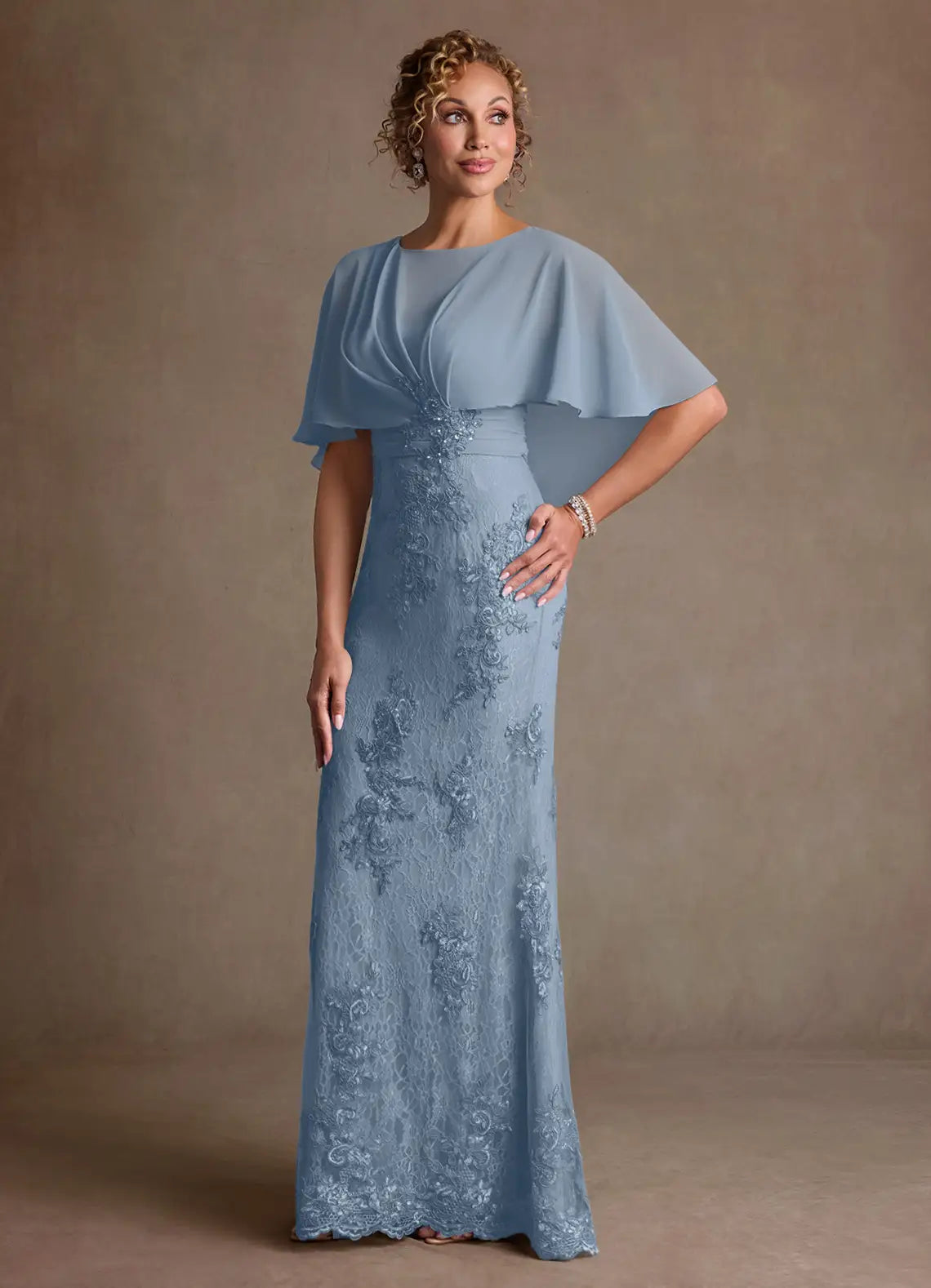 Elegant lace-and-chiffon bateau-neck capelet-overlay mermaid floor-length mother of the bride dress