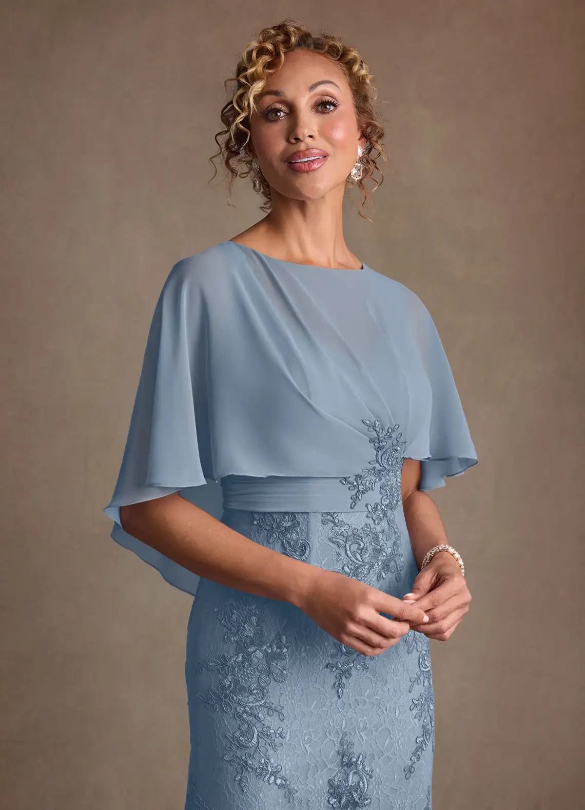 Elegant lace-and-chiffon bateau-neck capelet-overlay mermaid floor-length mother of the bride dress
