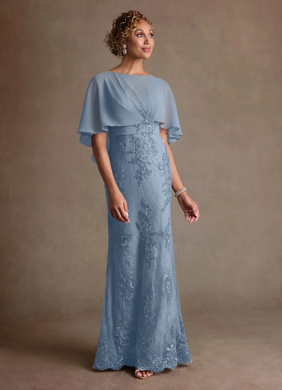Elegant lace-and-chiffon bateau-neck capelet-overlay mermaid floor-length mother of the bride dress
