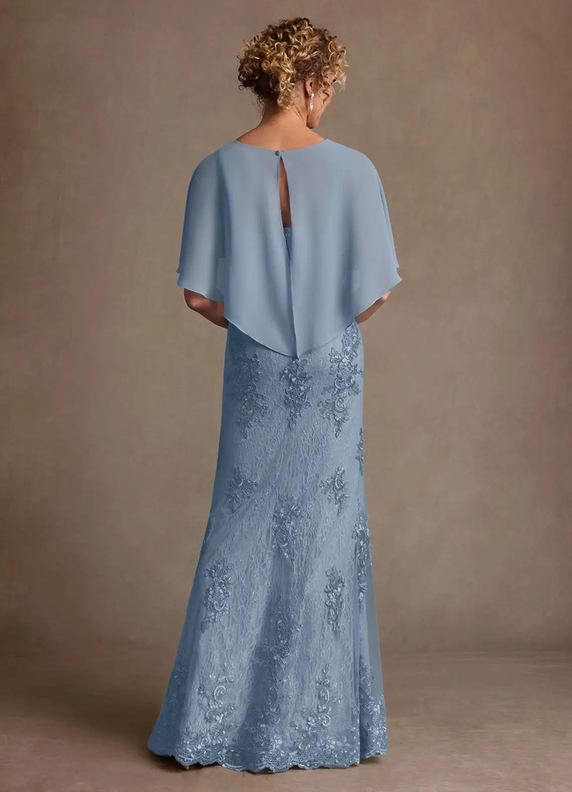 Elegant lace-and-chiffon bateau-neck capelet-overlay mermaid floor-length mother of the bride dress