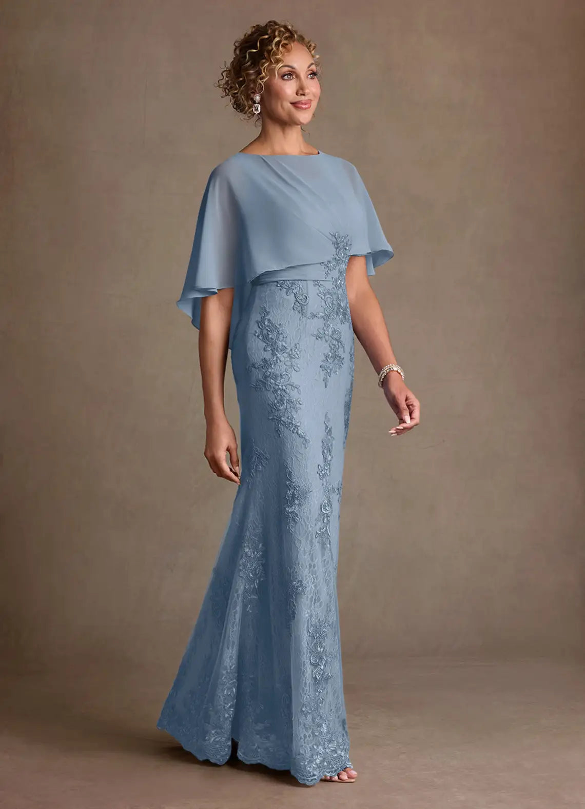 Elegant lace-and-chiffon bateau-neck capelet-overlay mermaid floor-length mother of the bride dress
