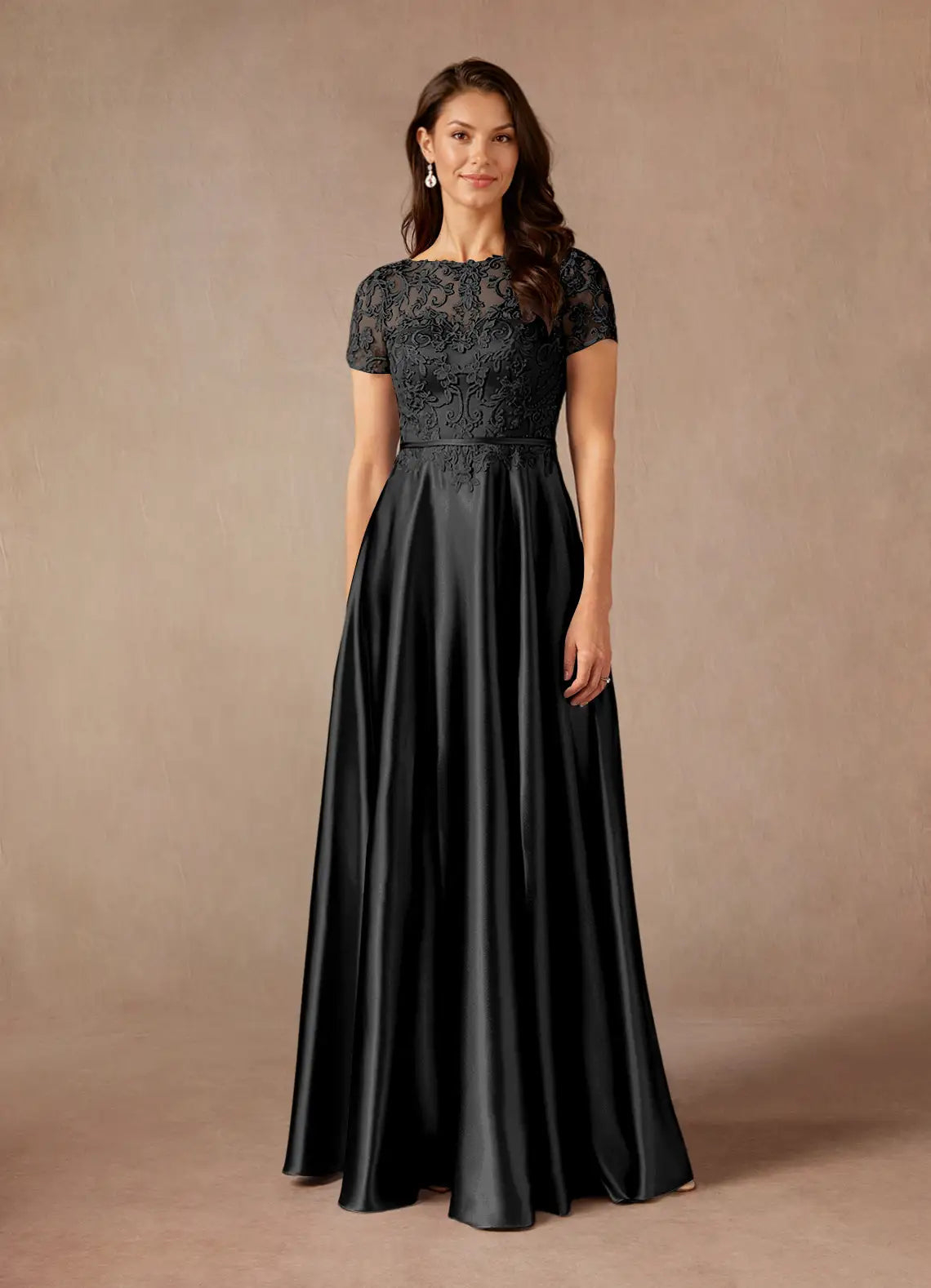 Elegant lace-appliqued A-line bateau short-sleeve keyhole-back floor-length mother of the bride dresses