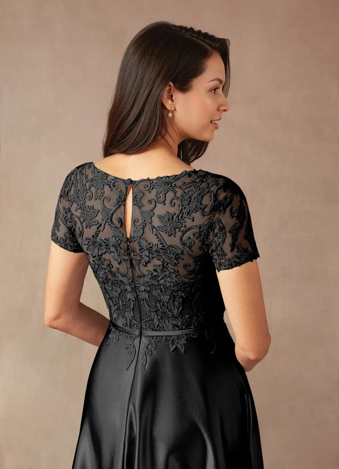 Elegant lace-appliqued A-line bateau short-sleeve keyhole-back floor-length mother of the bride dresses