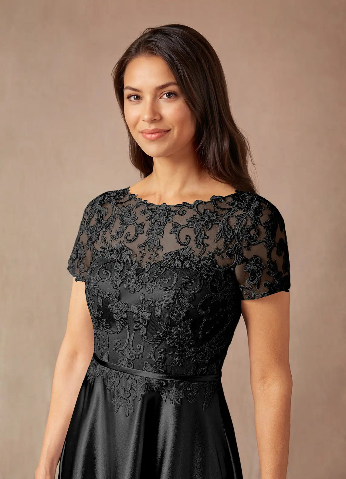 Elegant lace-appliqued A-line bateau short-sleeve keyhole-back floor-length mother of the bride dresses