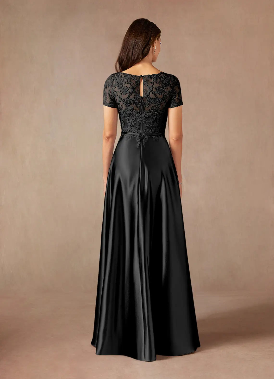 Elegant lace-appliqued A-line bateau short-sleeve keyhole-back floor-length mother of the bride dresses