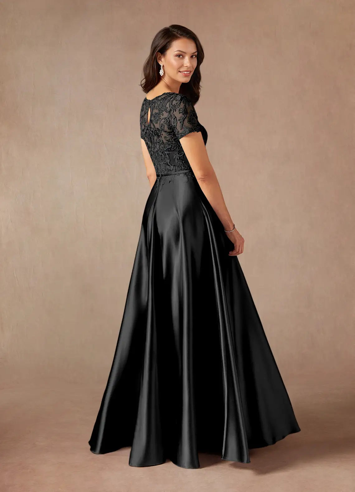 Elegant lace-appliqued A-line bateau short-sleeve keyhole-back floor-length mother of the bride dresses