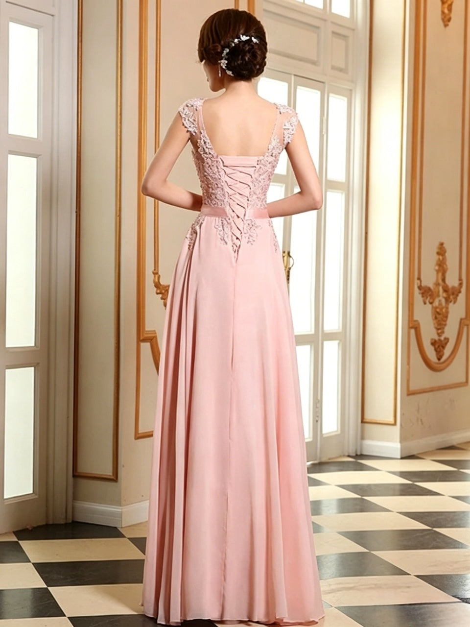 Elegant lace chiffon A-line illusion cap sleeve corset back floor-length evening dress