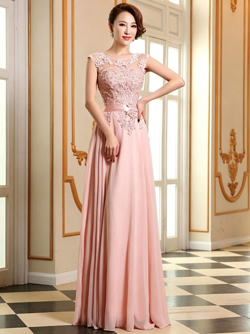 Elegant lace chiffon A-line illusion cap sleeve corset back floor-length evening dress