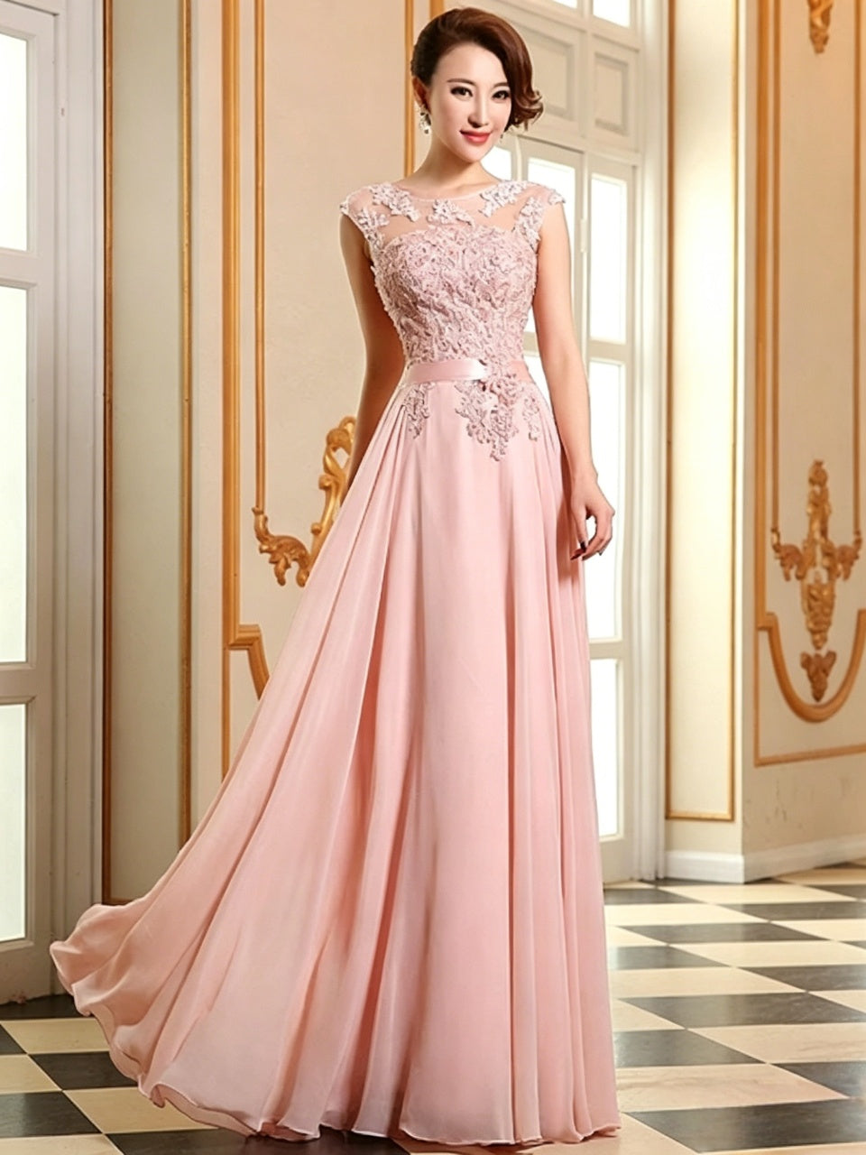 Elegant lace chiffon A-line illusion cap sleeve corset back floor-length evening dress