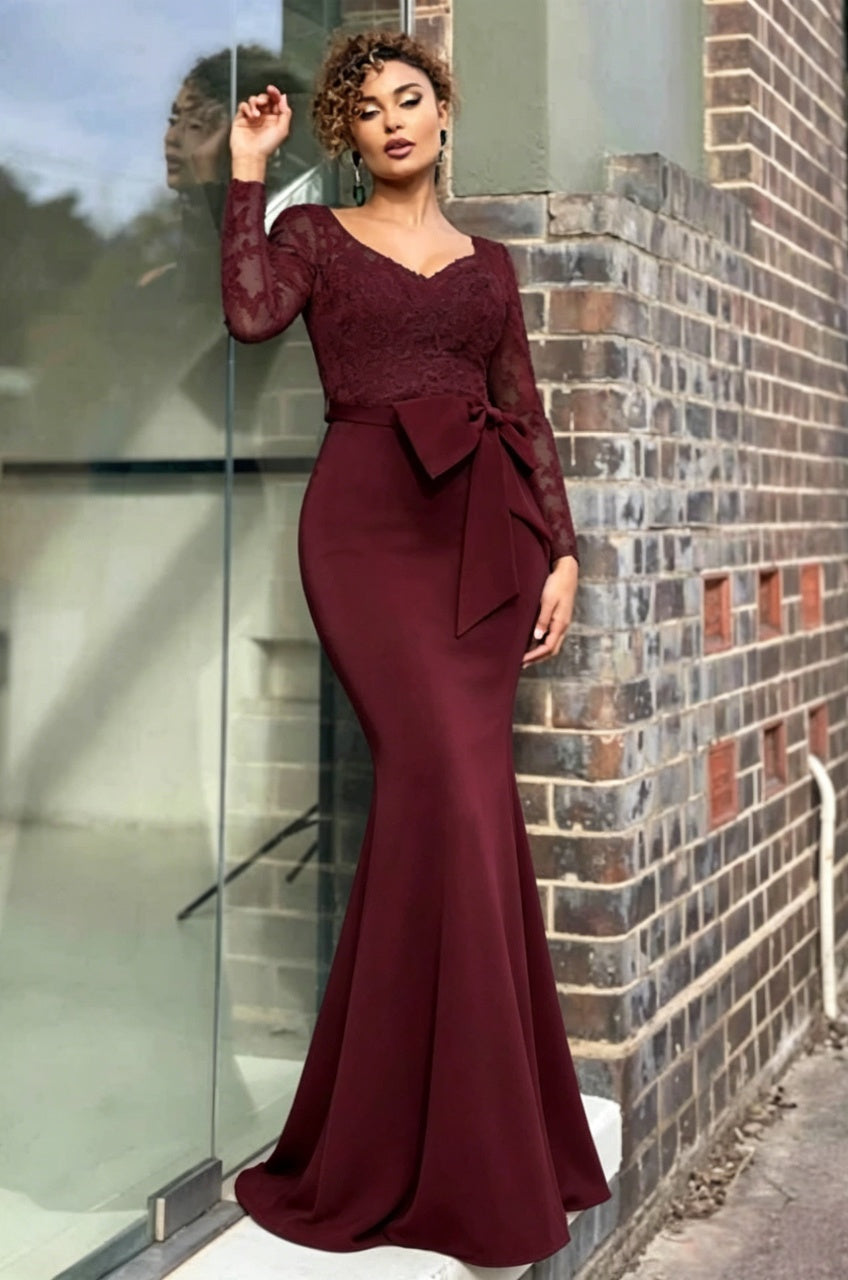 Elegant lace mermaid V-neck long sleeve bow waist floor-length evening dress