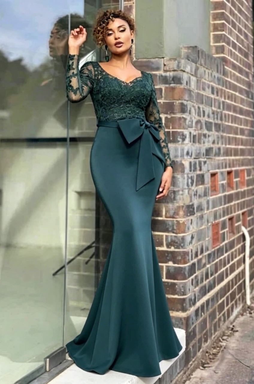Elegant lace mermaid V-neck long sleeve bow waist floor-length evening dress