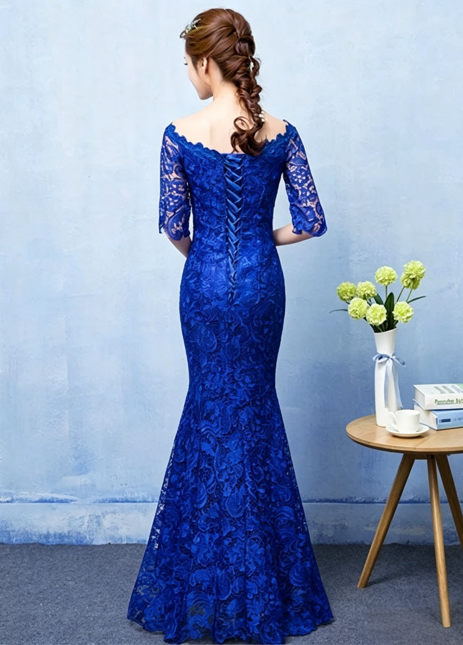 Elegant lace mermaid off-the-shoulder elbow-length lace-up back floor-length evening dress