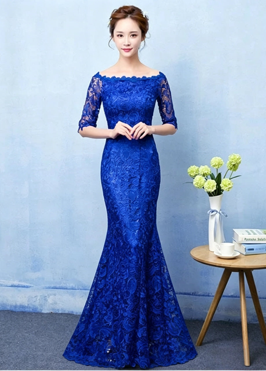 Elegant lace mermaid off-the-shoulder elbow-length lace-up back floor-length evening dress