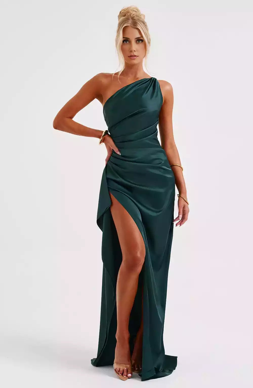 Elegant luxury, lightweight and elastic satin single shoulder high slit long Prom Dresses with hanging pleats