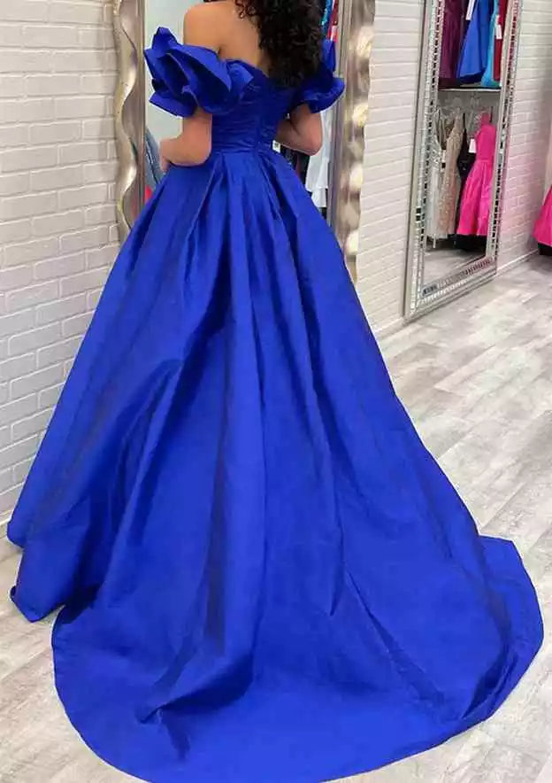 Elegant off shoulder short sleeved taffeta trailing pleated ruffle Prom Dresses