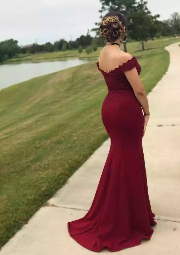 Elegant off shoulder sleeveless trailing elastic satin slit decal Prom Dresses