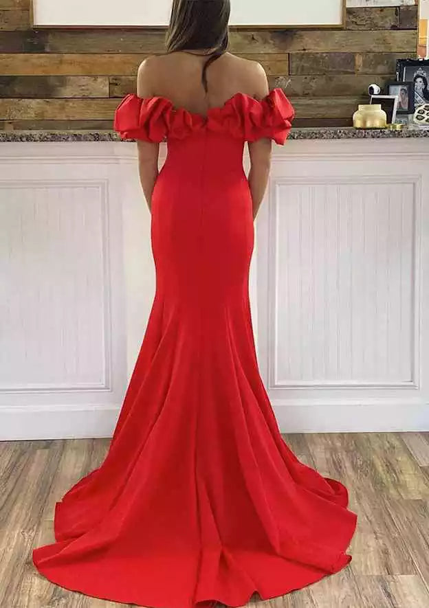 Elegant off shoulder sleeveless trailing satin ruffled slit Prom Dresses