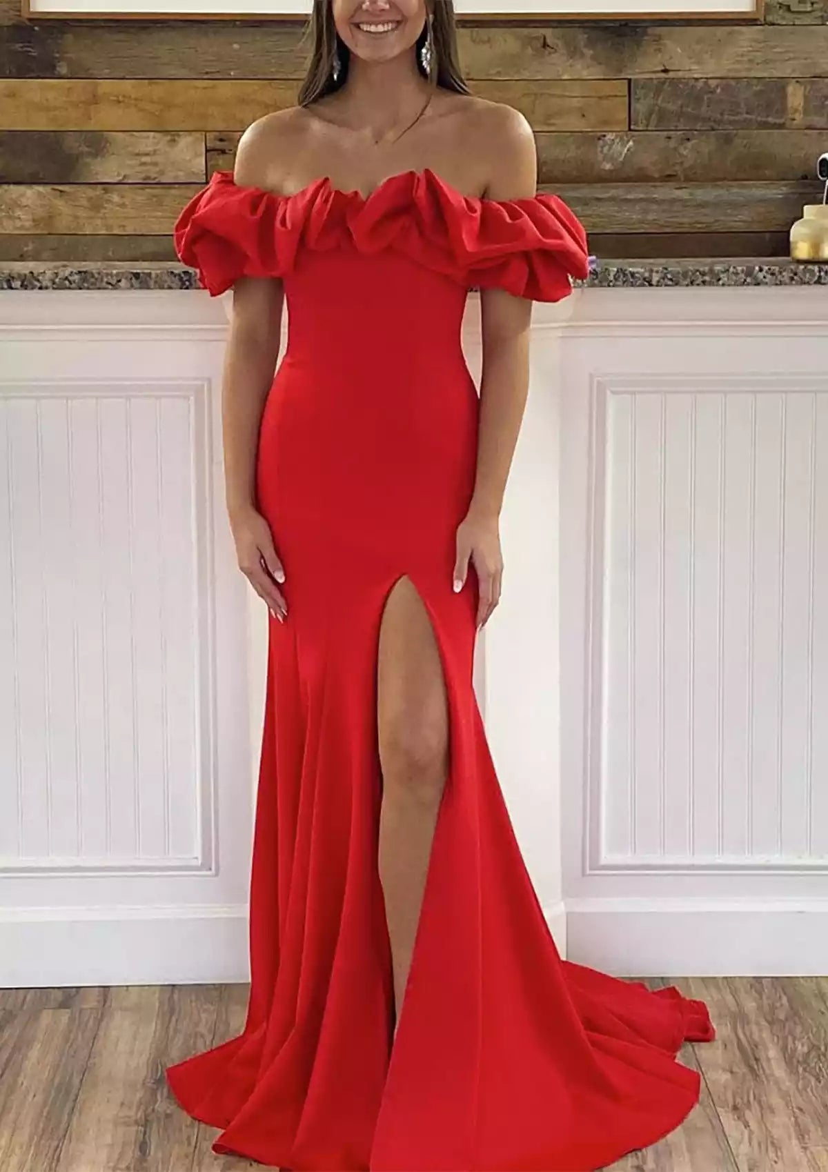 Elegant off shoulder sleeveless trailing satin ruffled slit Prom Dresses