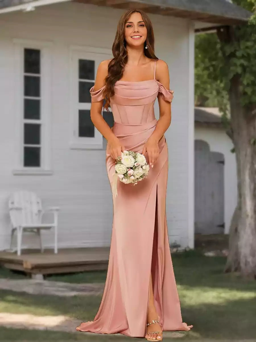 Elegant off shoulder straps and floor length formal side slit Bridesmaid Dresses