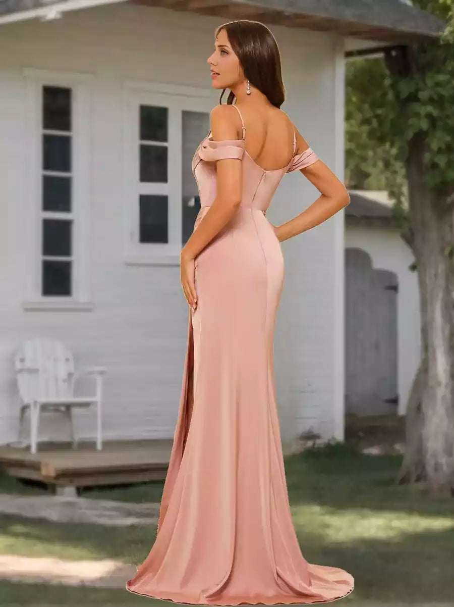 Elegant off shoulder straps and floor length formal side slit Bridesmaid Dresses