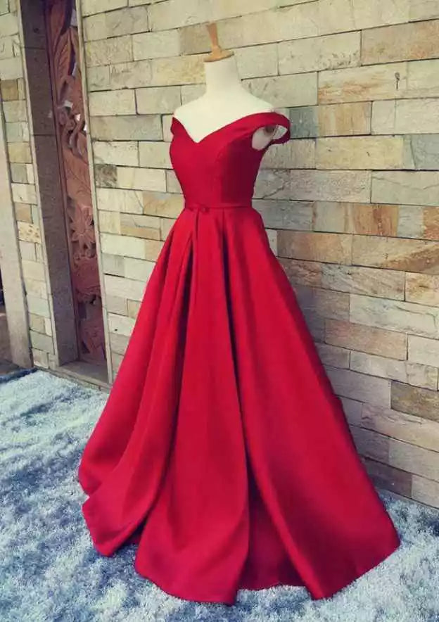 Elegant off shoulder trailing satin sleeveless V-neck and floor highlighting elegant temperament Prom Dresses