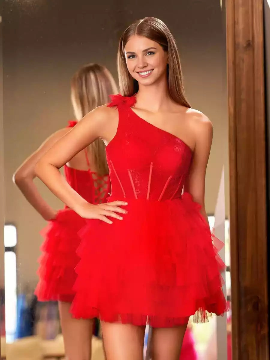 Elegant one shoulder collar, lace waist, ruffled hem, short A-line ruffled hem, Homecoming Dresses