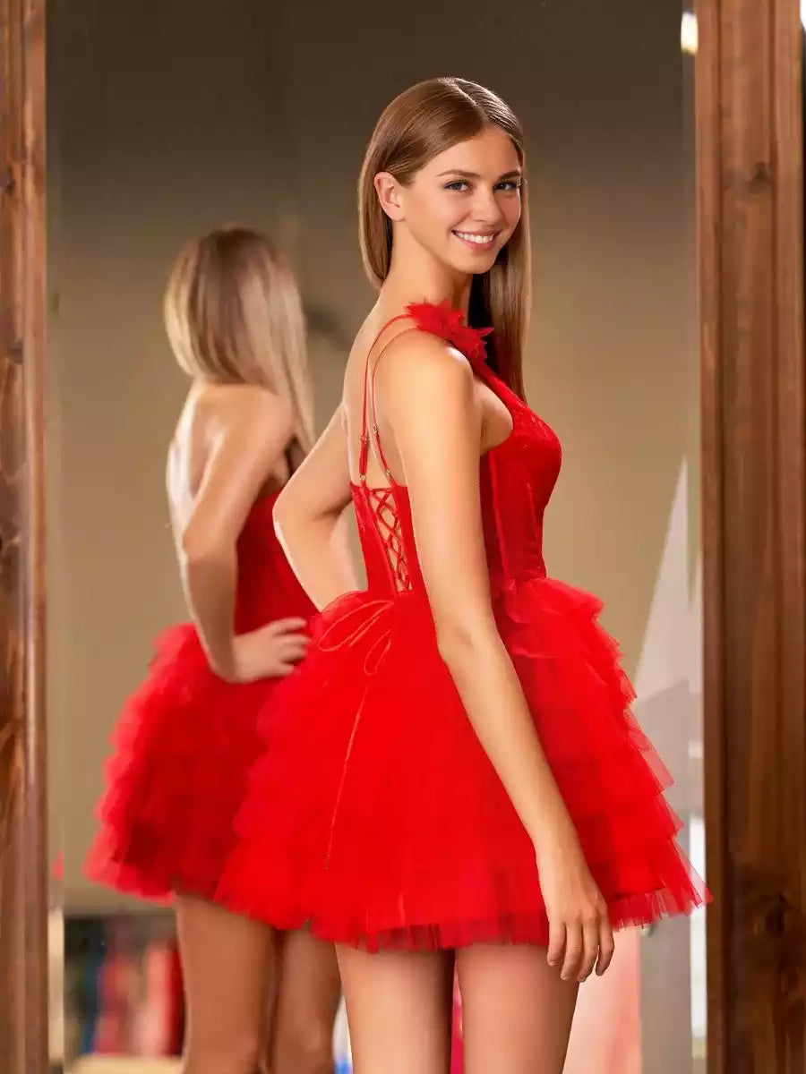 Elegant one shoulder collar, lace waist, ruffled hem, short A-line ruffled hem, Homecoming Dresses