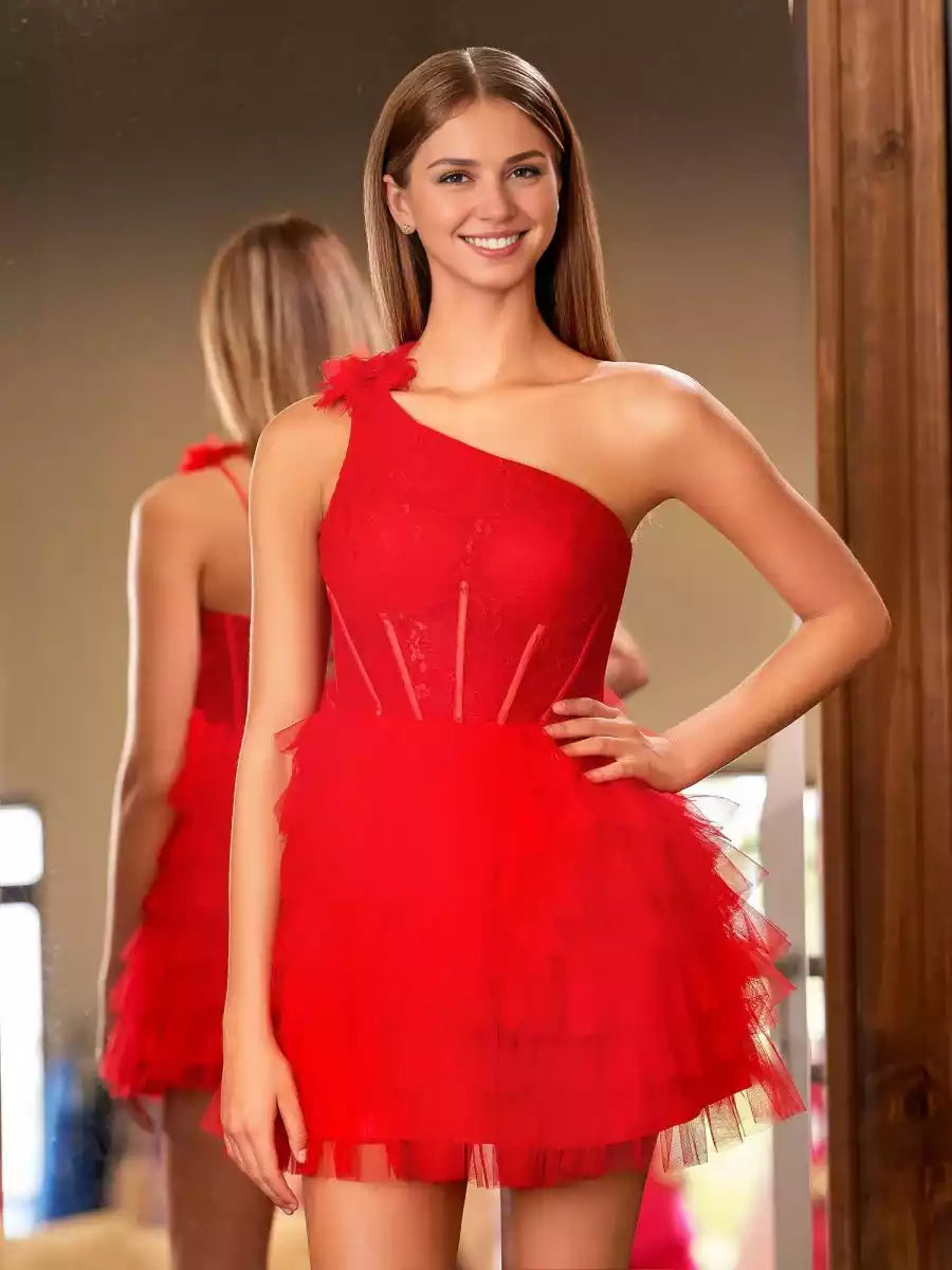 Elegant one shoulder collar, lace waist, ruffled hem, short A-line ruffled hem, Homecoming Dresses