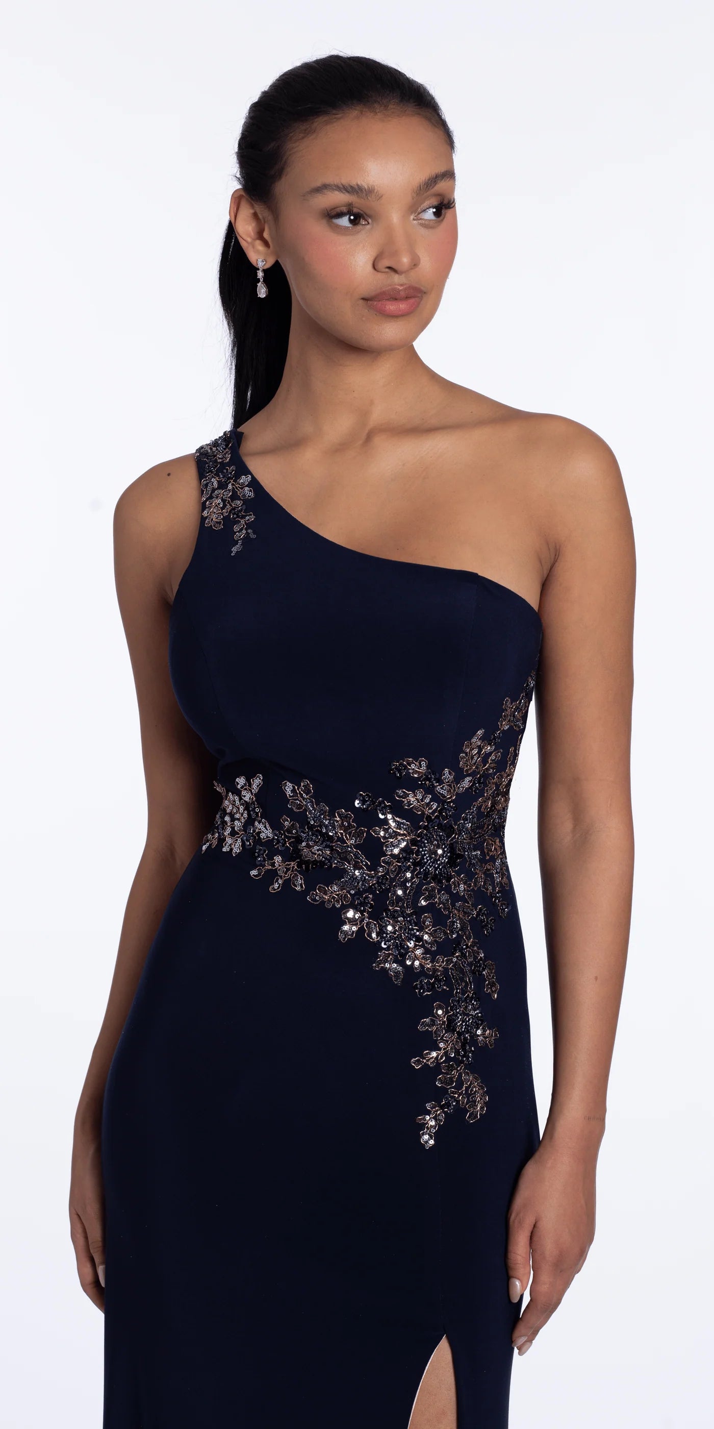 Elegant one shoulder evening dress with beaded floral appliqué, ruched back and high slit