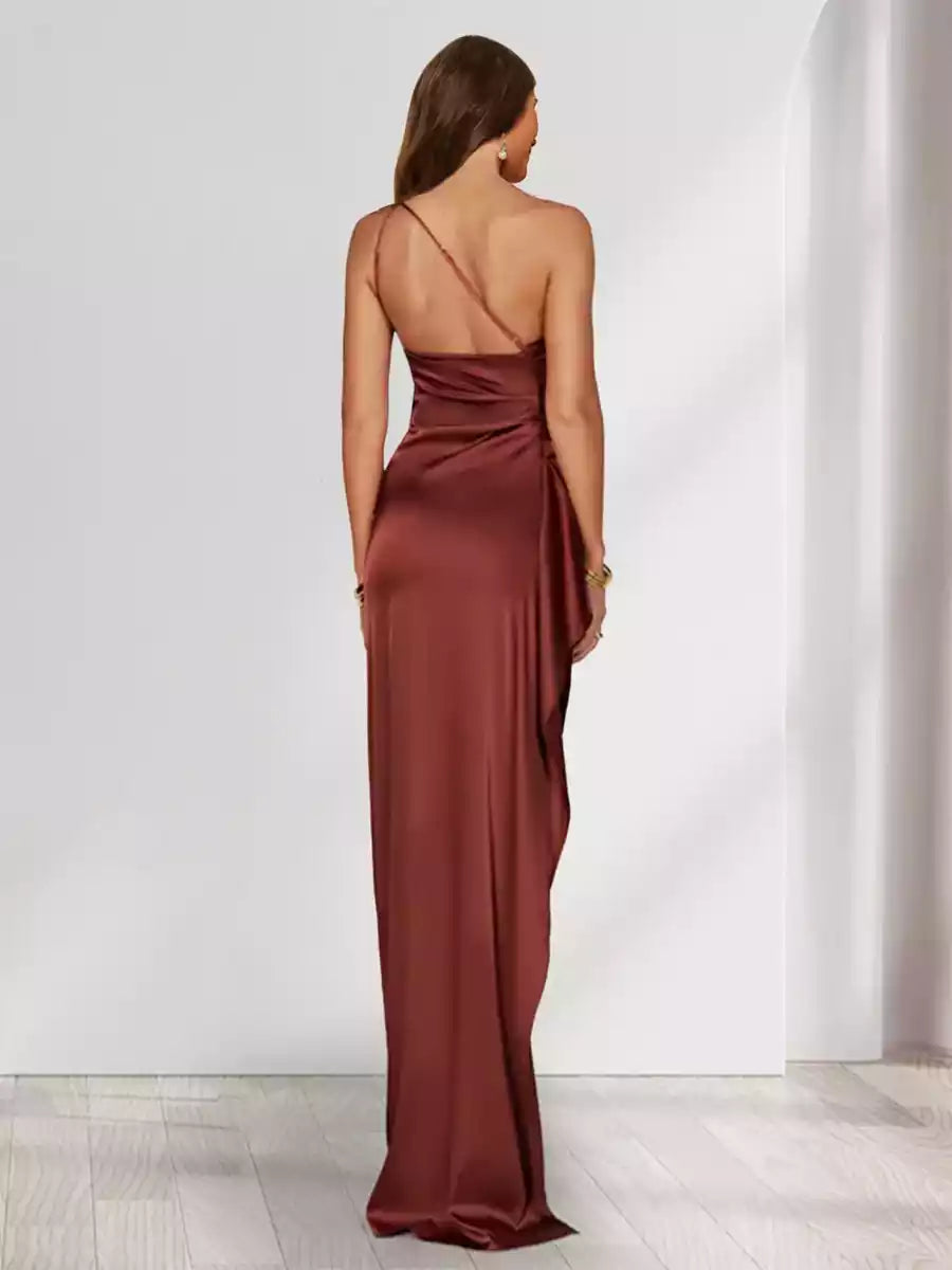 Elegant one shoulder sleeveless and floor length side slit cross straps Bridesmaid Dresses