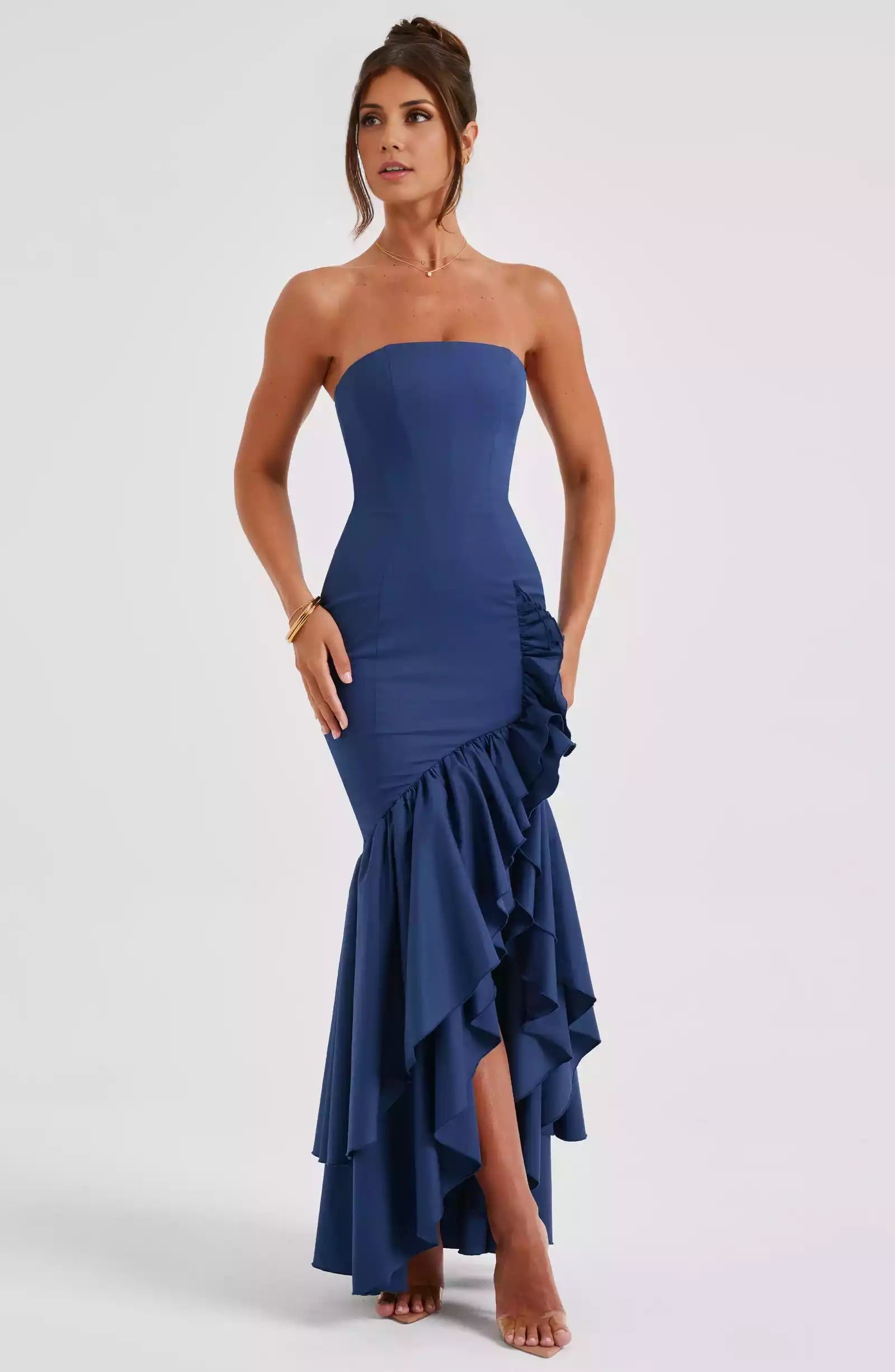 Elegant ruffled hemline, half body strapless, high and low hemline, both sweet and playful Prom Dresses