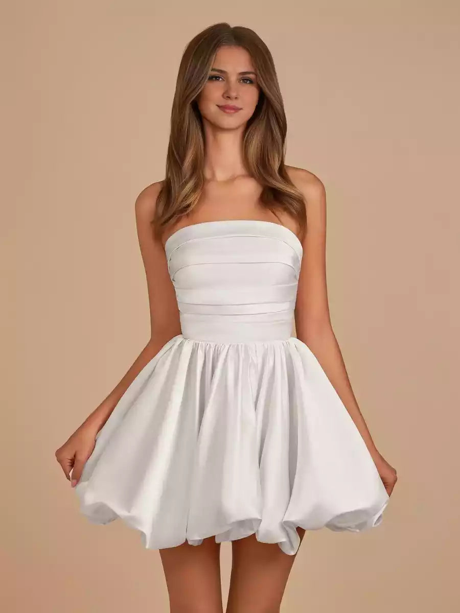 Elegant satin A-line bubble hem off shoulder collar sleeveless tie back Homecoming Dresses
