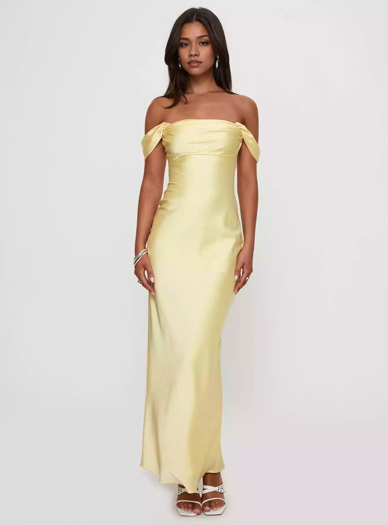Elegant satin off shoulder long pleated chest with hidden zipper on the side straps, fully lined Prom Dresses