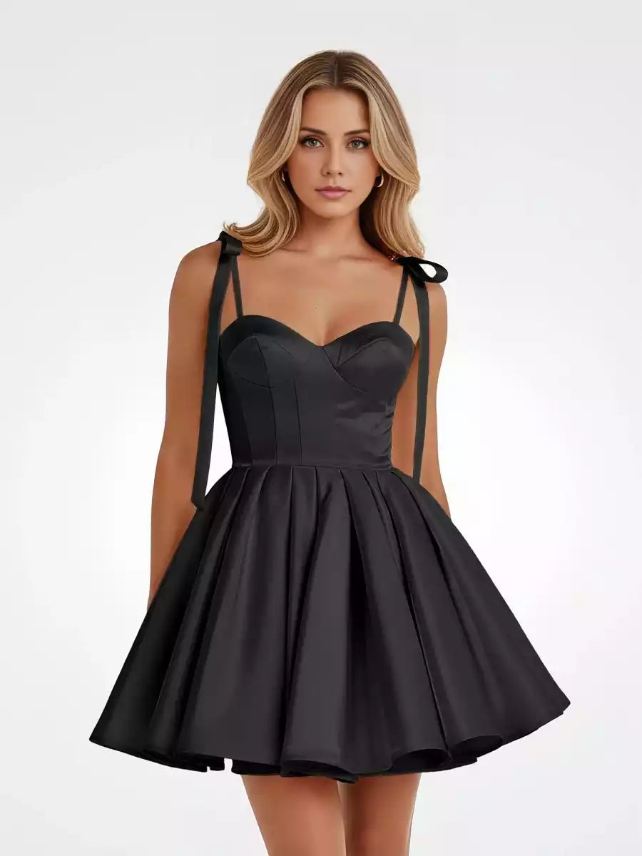 Elegant satin short off shoulder sleeveless bow tie back Homecoming Dresses