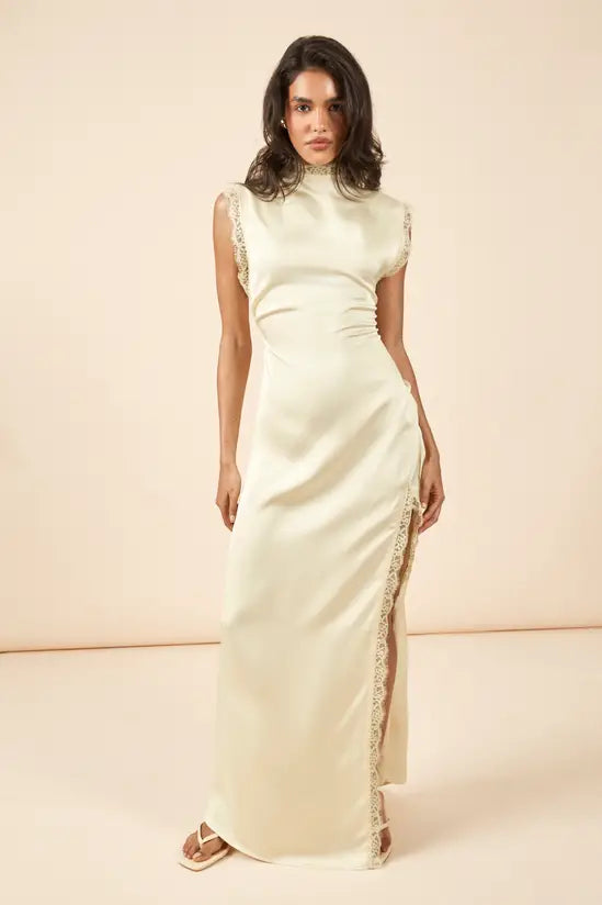Elegant sheath silhouette high-neck lace-trim cap-sleeve side-slit floor-length evening dress