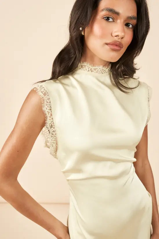 Elegant sheath silhouette high-neck lace-trim cap-sleeve side-slit floor-length evening dress